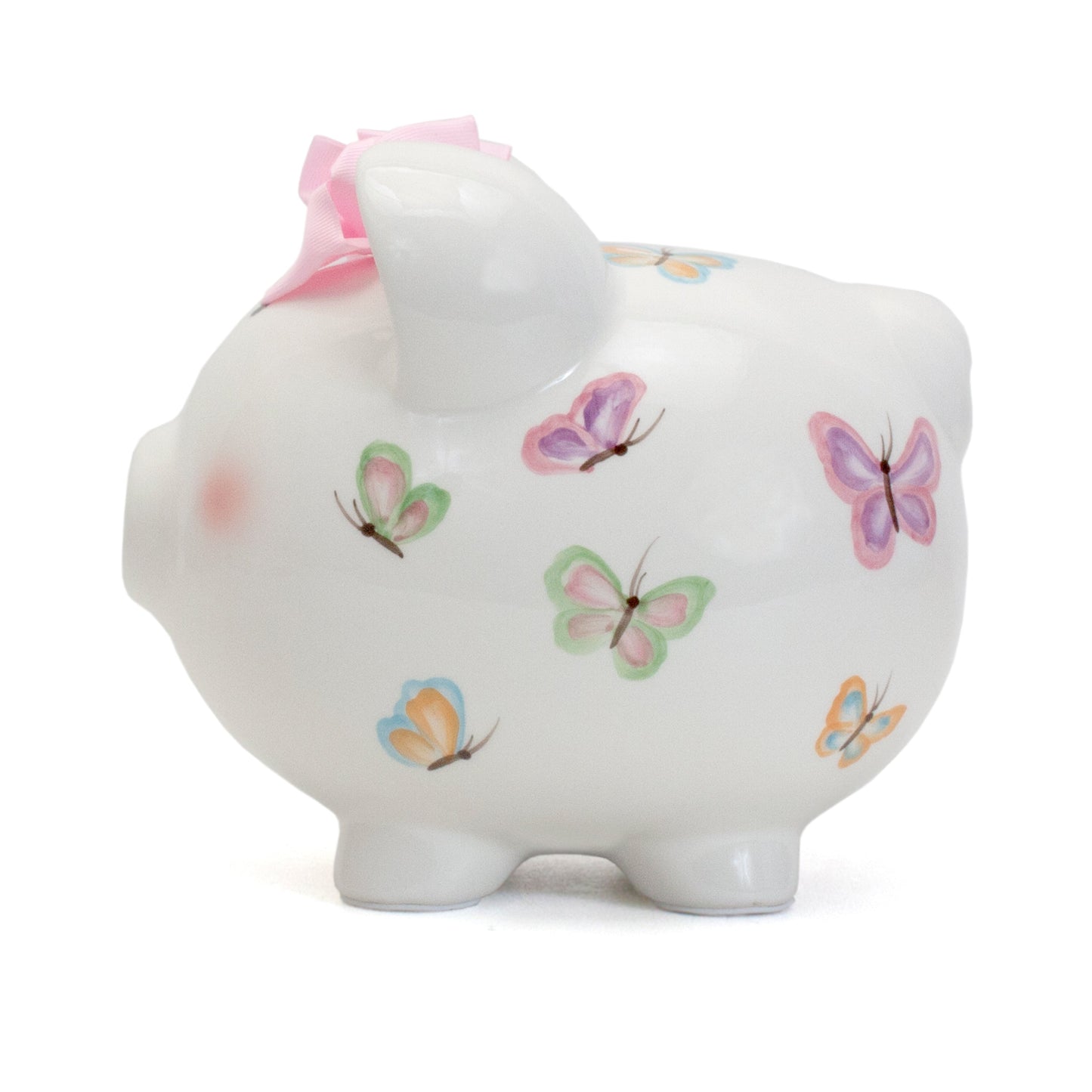 Opposite side view of piggy bank decorated with soft colored butterflies and pink bow