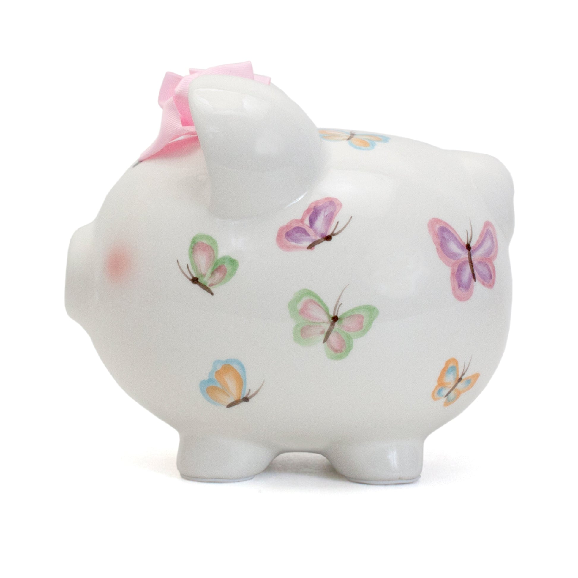 Opposite side view of piggy bank decorated with soft colored butterflies and pink bow