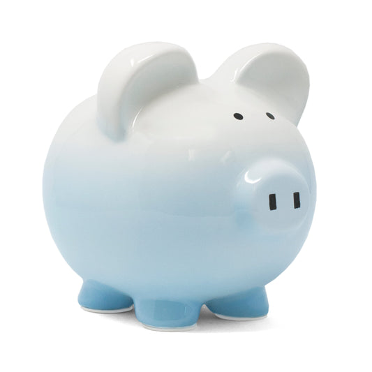 Blue and white ombre ceramic piggy bank with glossy finish and simple black eyes