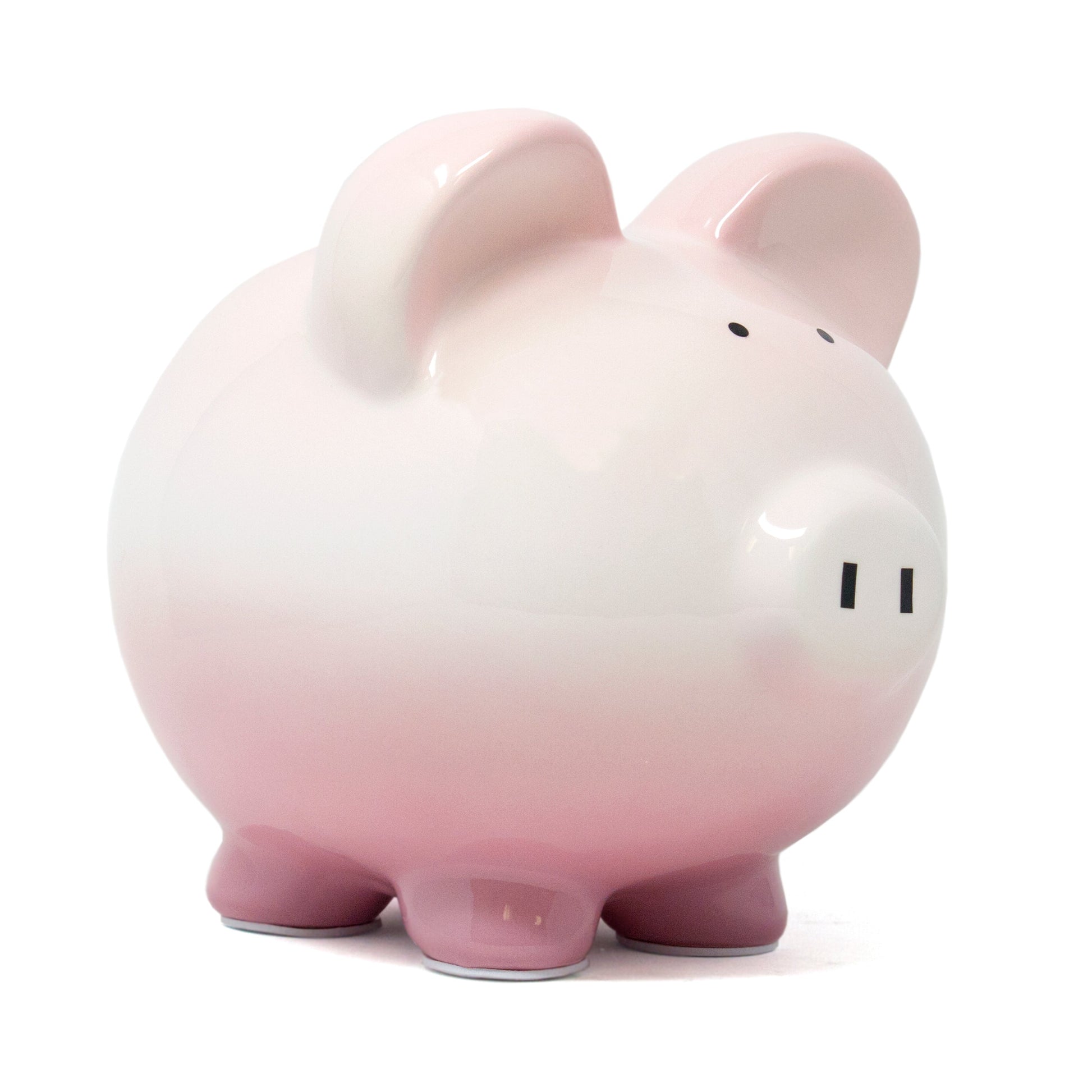 Ceramic piggy bank with pink and white ombre finish, rounded design and simple facial features
