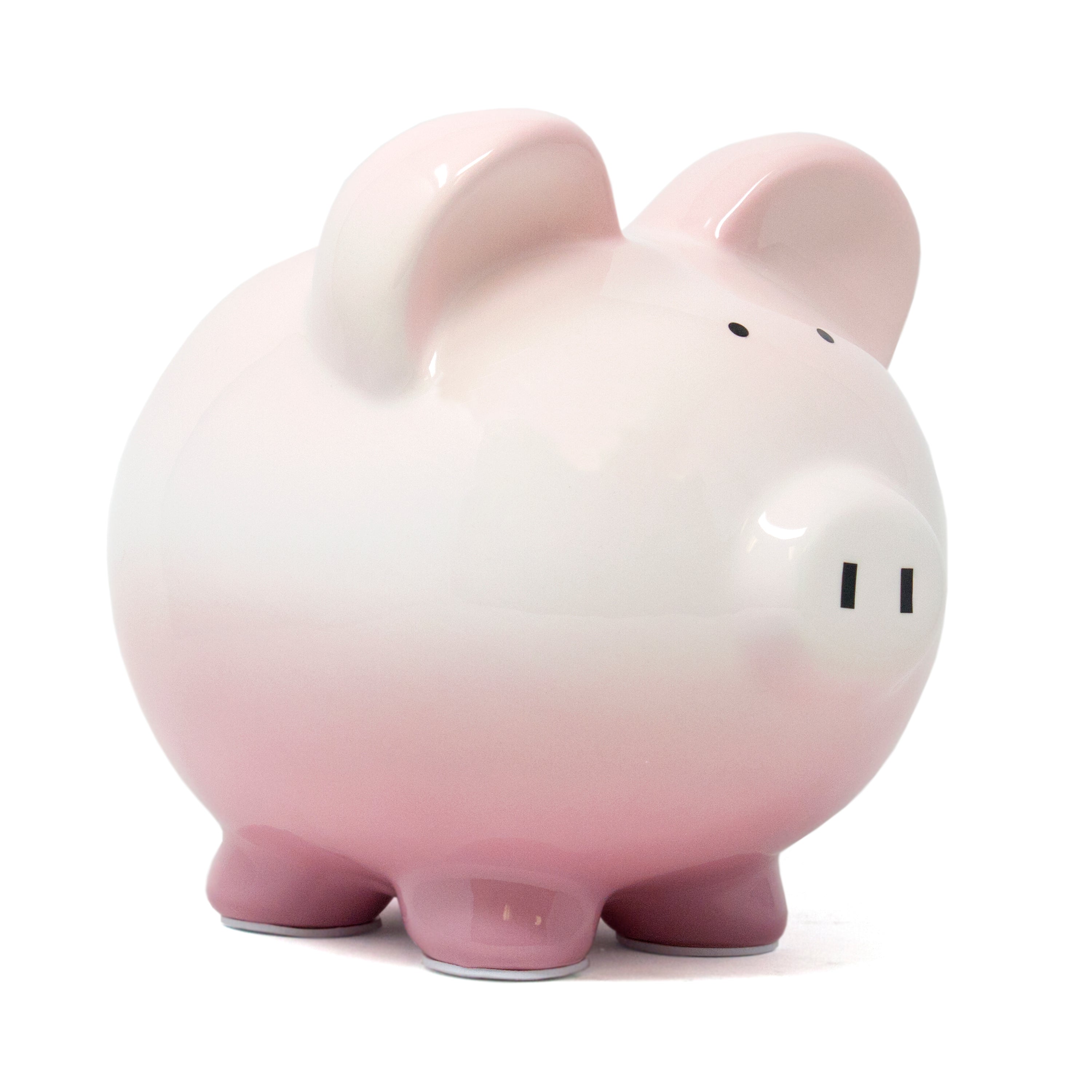 Ceramic piggy bank with pink and white ombre finish, rounded design and simple facial features