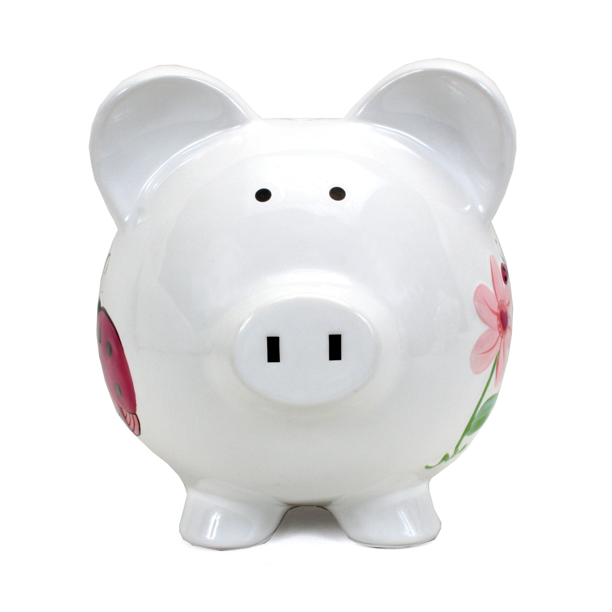 Close-up front view of white piggy bank featuring ladybug and flower designs