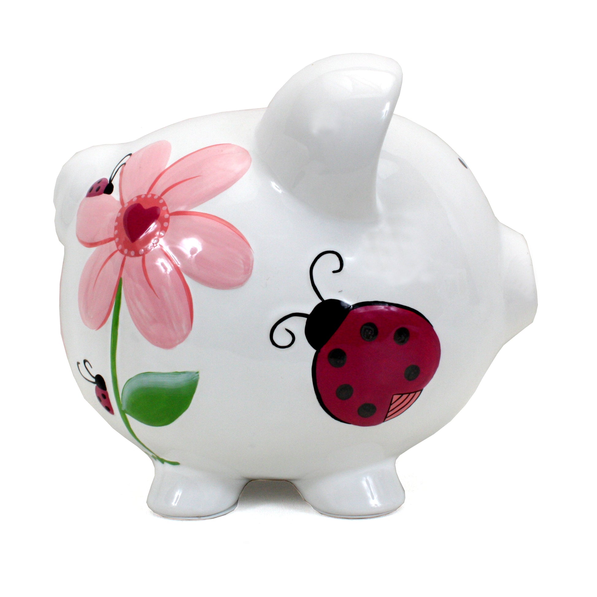 Right side of white piggy bank showing handpainted ladybug and flower details