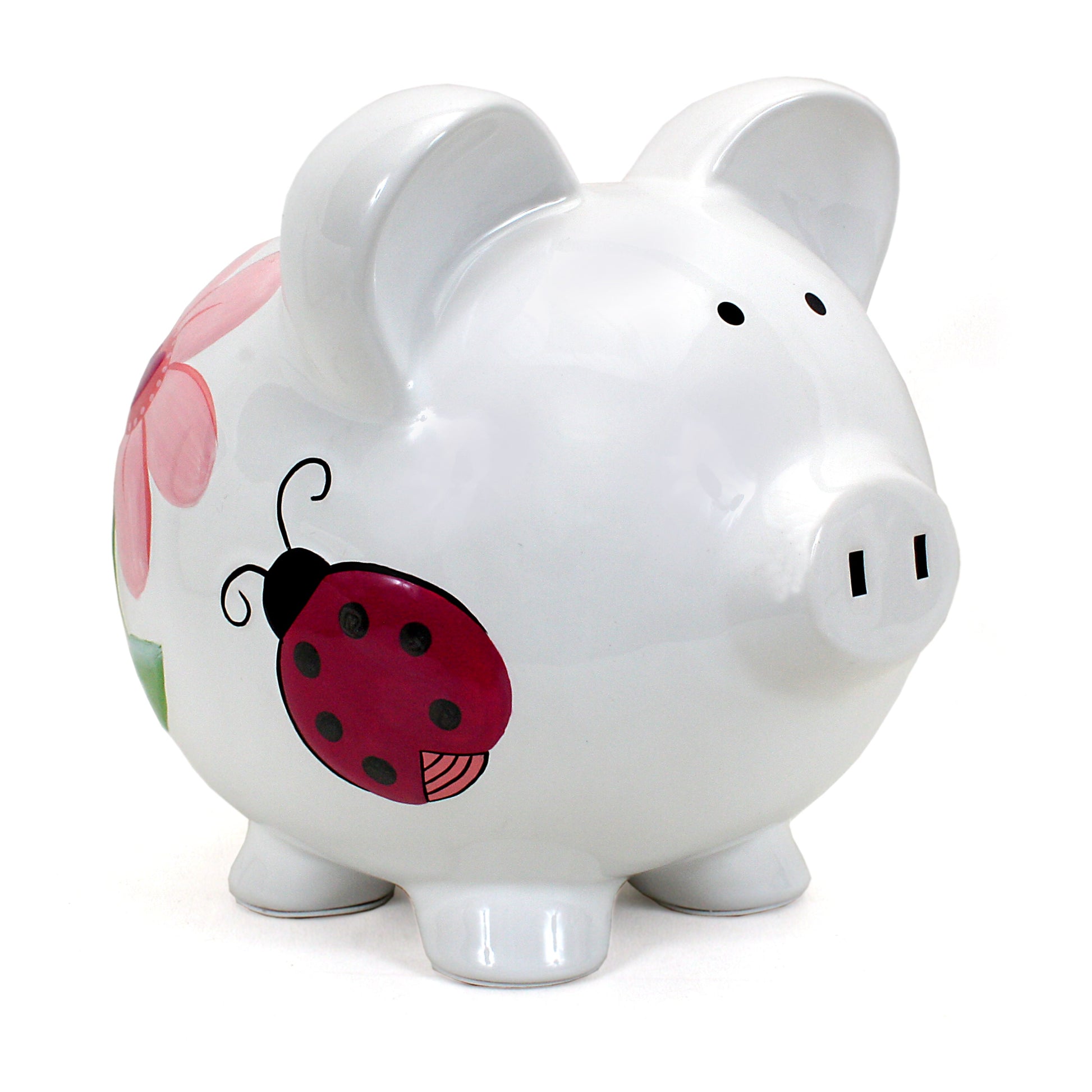 Large white ceramic piggy bank with handpainted ladybug and pink flower on side