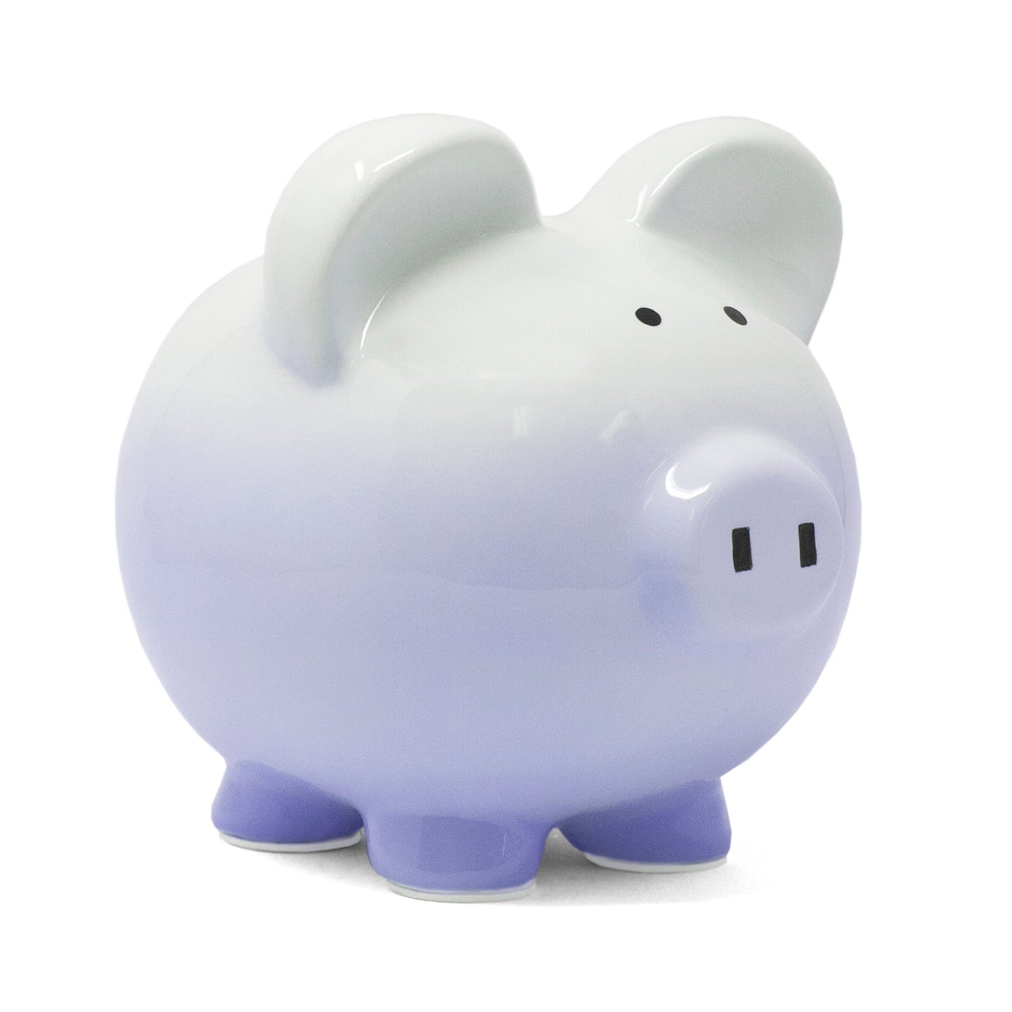 Purple ombre ceramic piggy bank with white to purple gradient and simple black facial features