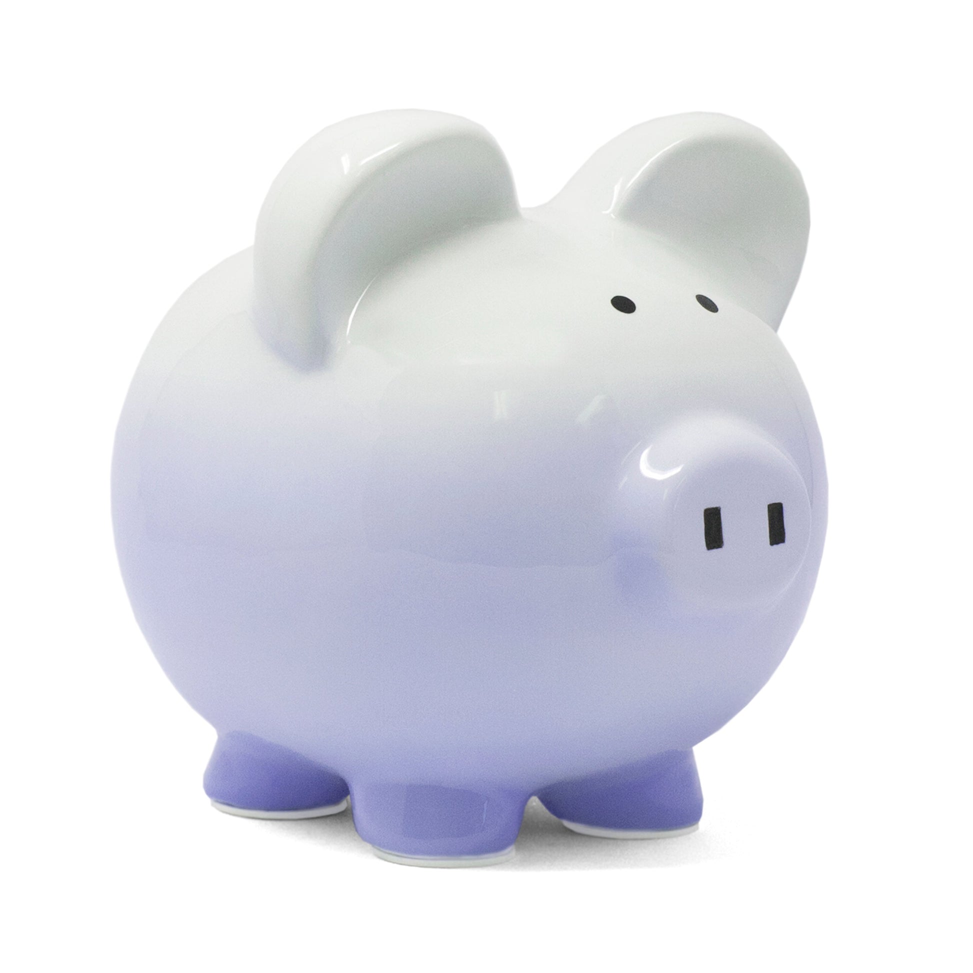 Purple ombre ceramic piggy bank with white to purple gradient and simple black facial features
