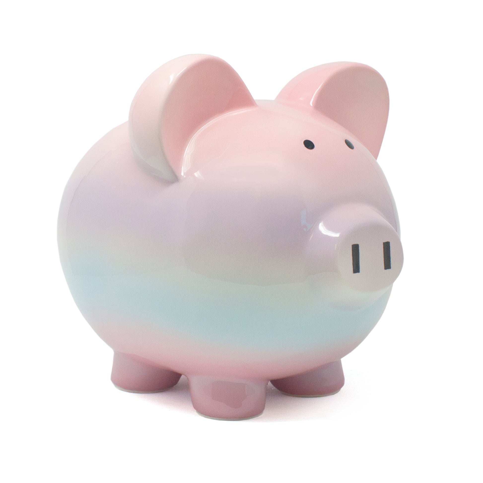 Raspberry ombre handpainted ceramic piggy bank with glossy finish on white background