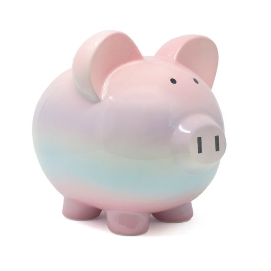Raspberry ombre handpainted ceramic piggy bank with glossy finish on white background