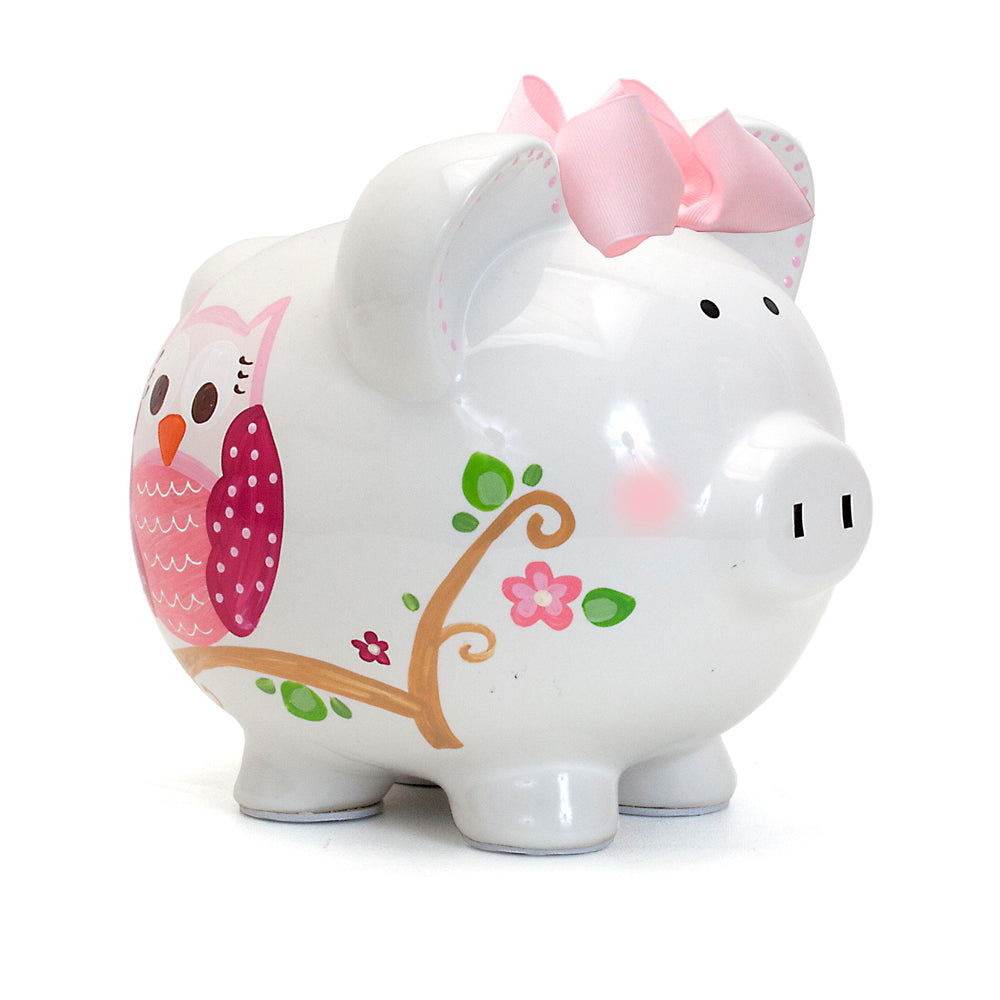 Pink dotted owl handpainted ceramic piggy bank side view