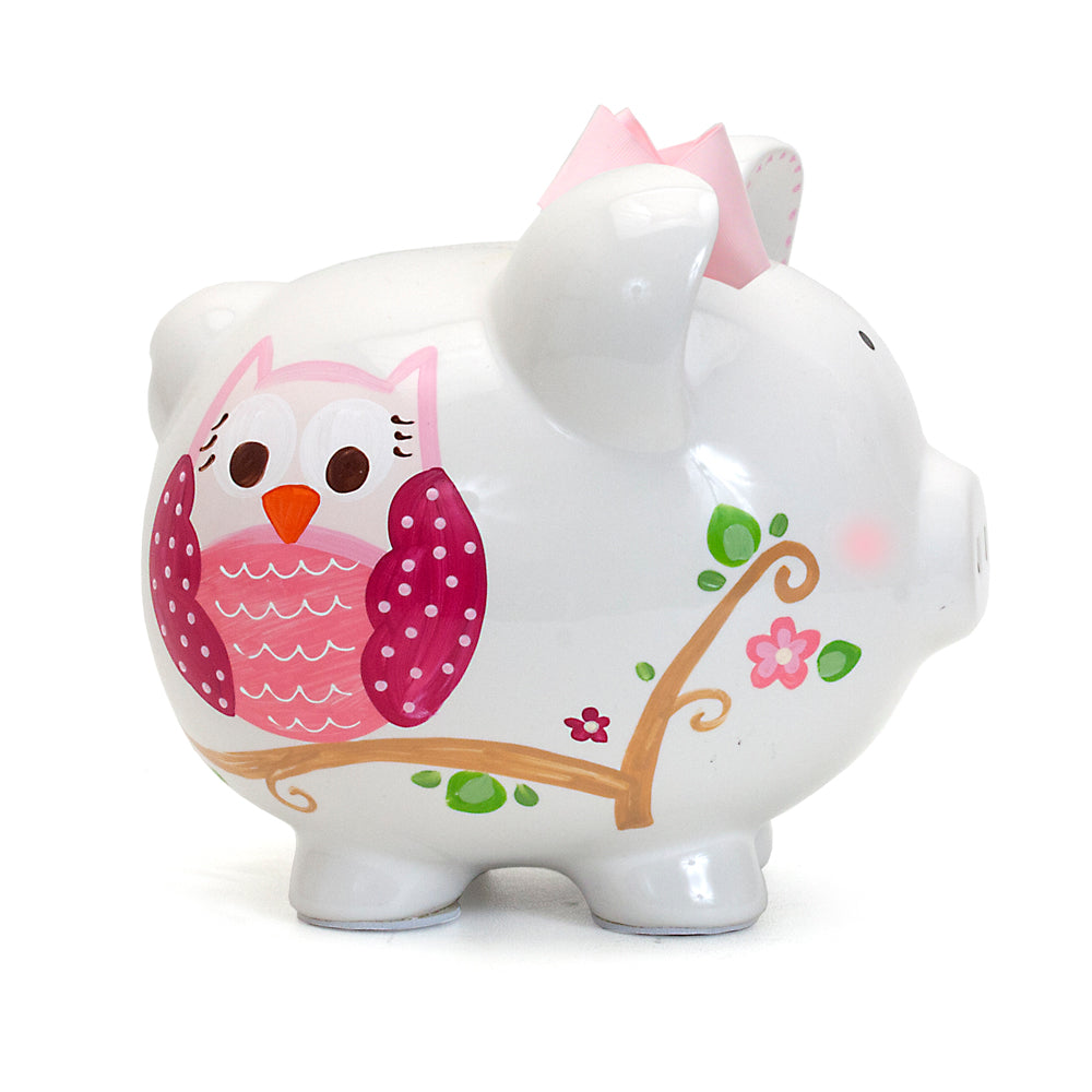 Opposite side of pink owl piggy bank with floral and butterfly handpainted art