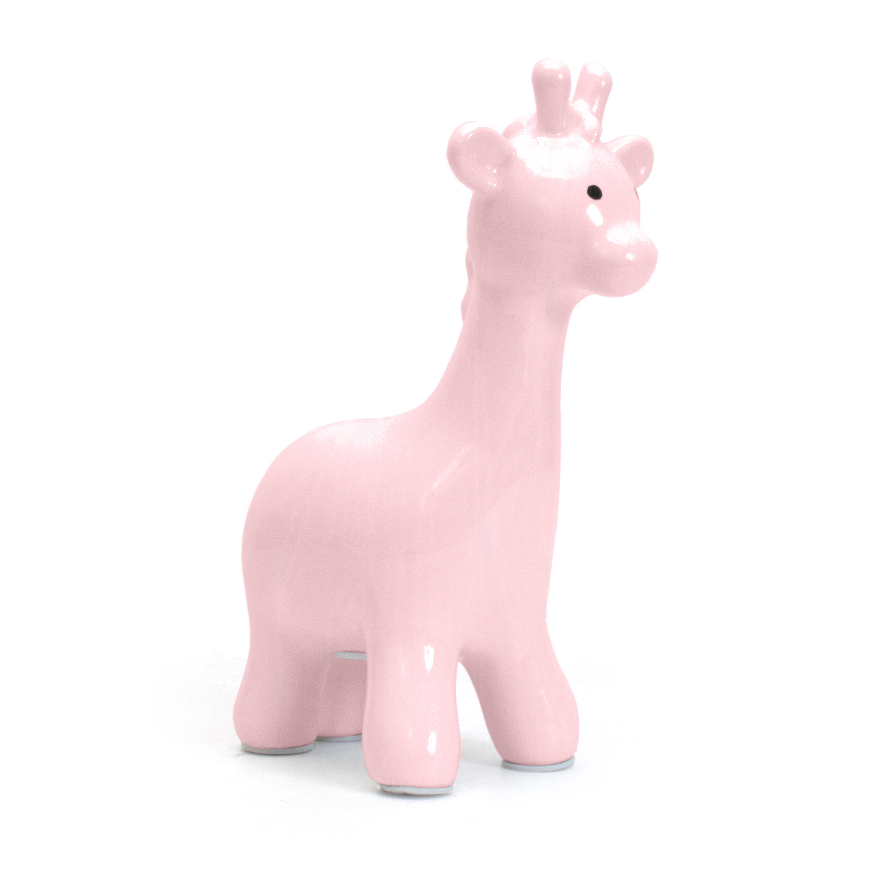 Glossy pink ceramic giraffe-shaped piggy bank with black eyes