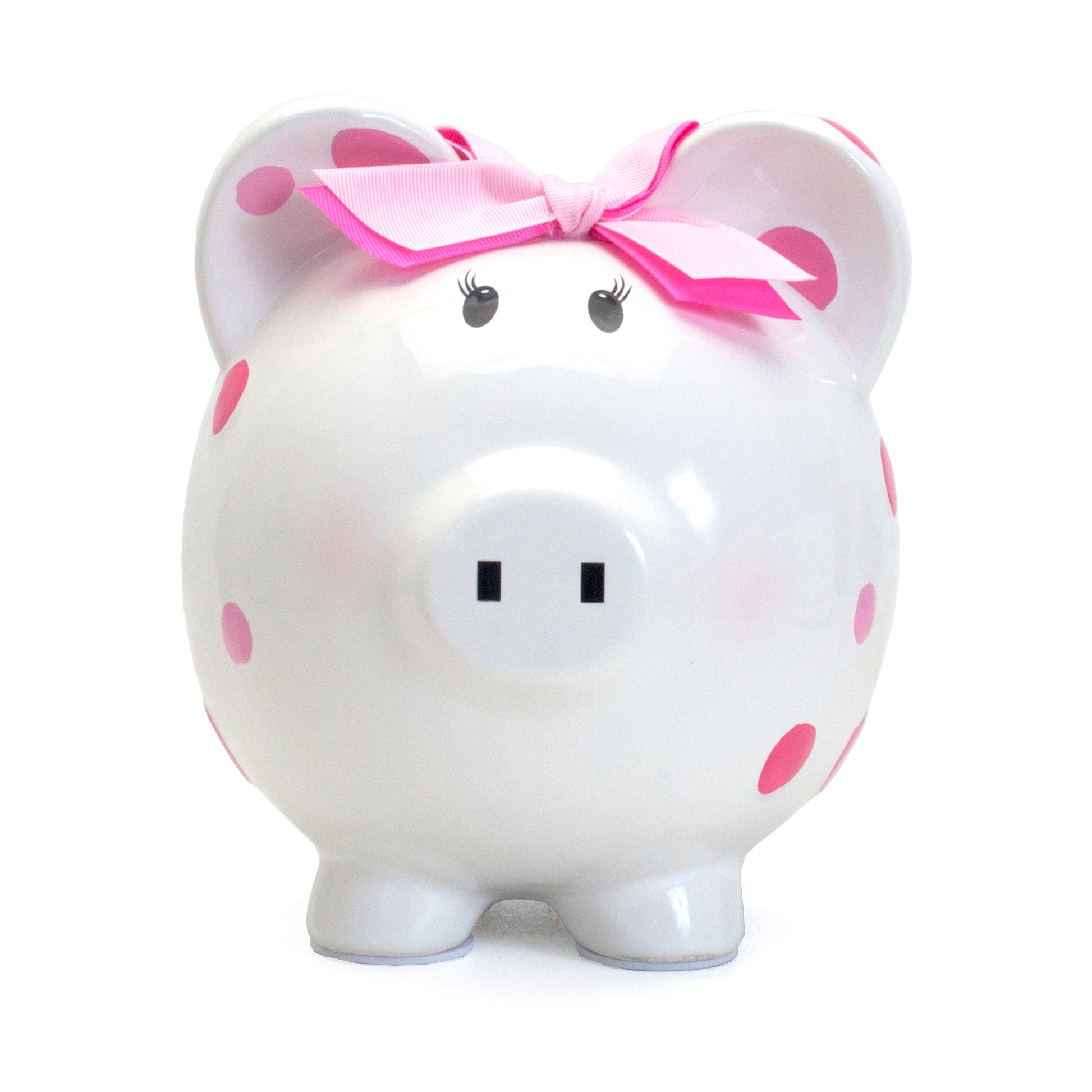 Front view of white piggy bank with pink polka dots and pink bow, black eyes with eyelashes
