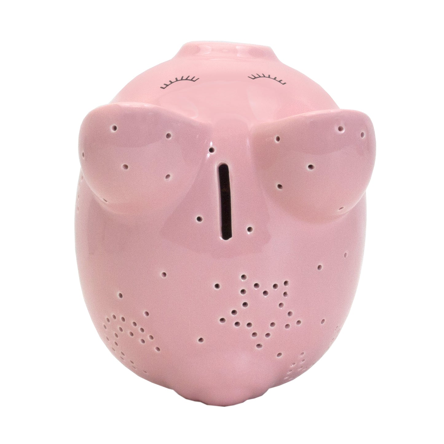 Top view of pink piggy bank with coin slot and star perforation detail
