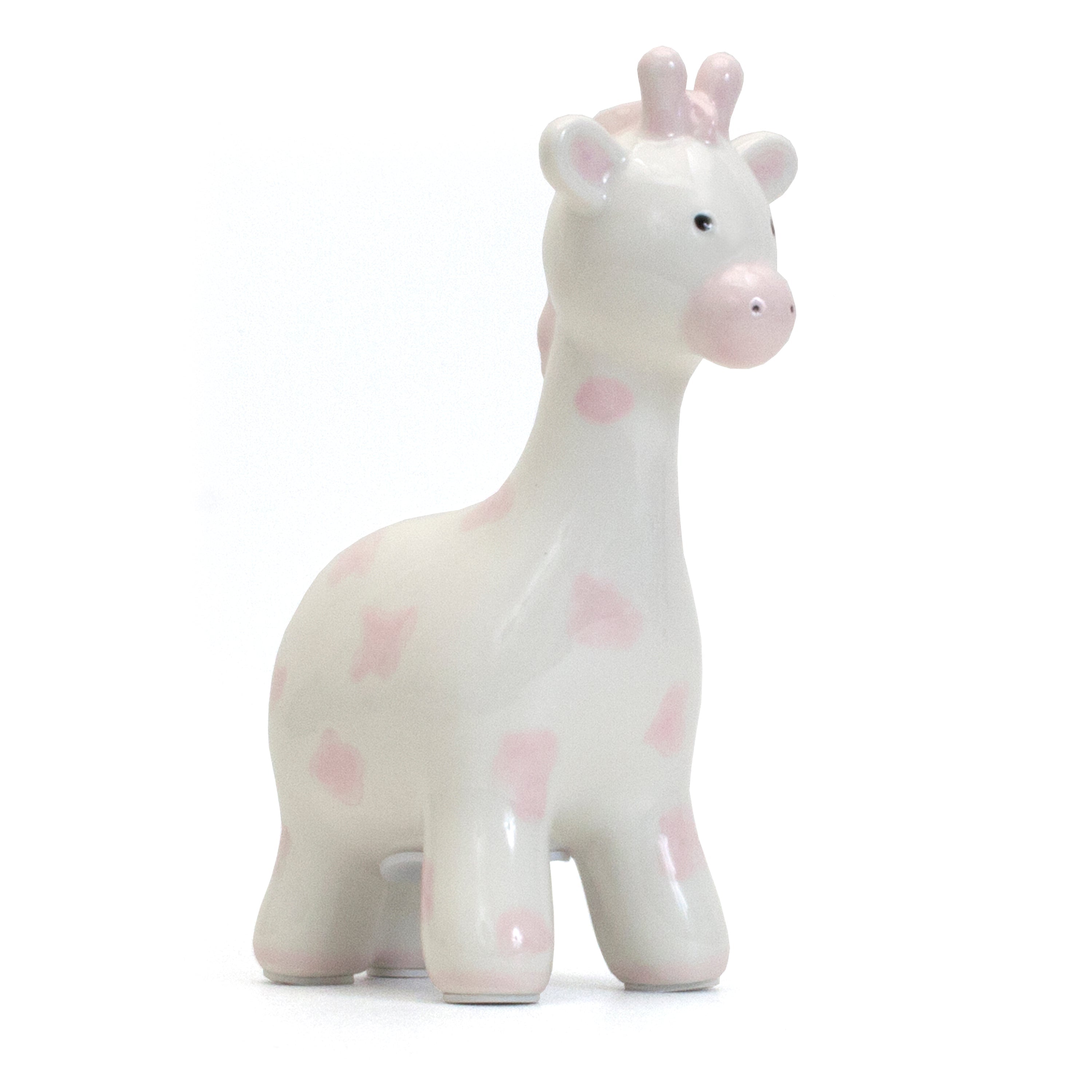 Pink spotted ceramic giraffe piggy bank front angled view