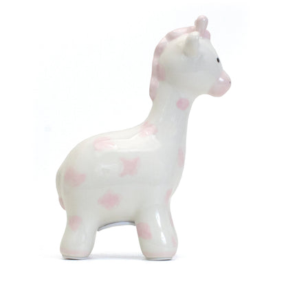 Right side view of pink spotted ceramic giraffe piggy bank