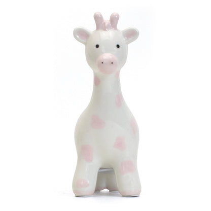 Front view of pink spotted ceramic giraffe piggy bank