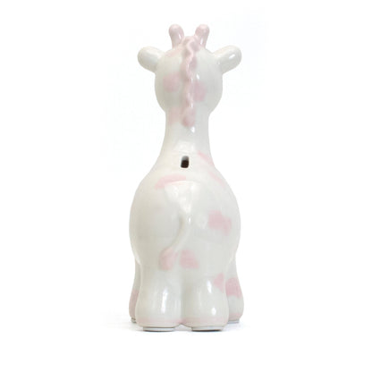 Back view of pink spotted ceramic giraffe piggy bank showing coin slot