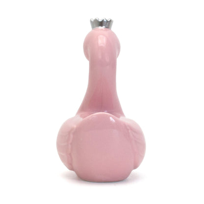 Back view of pink swan piggy bank showing smooth ceramic finish