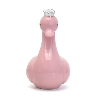 Front view of pink swan piggy bank with closed eyes and crown