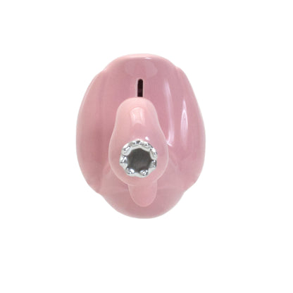 Top view of pink swan piggy bank highlighting the crown on head
