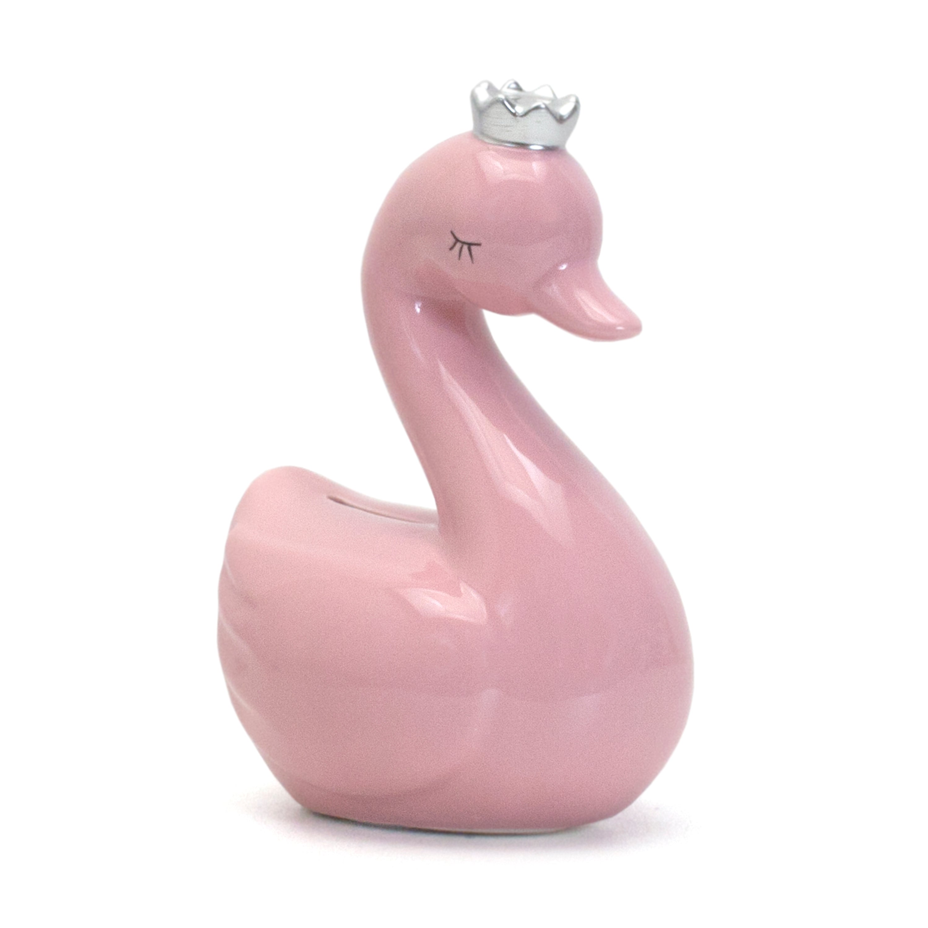 Pink swan ceramic piggy bank with silver crown side view