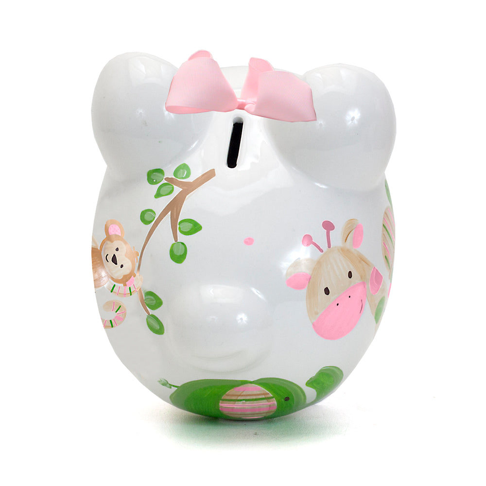 Top-back view of Pink Tropical Punch Piggy bank with coin slot and pink bow on top