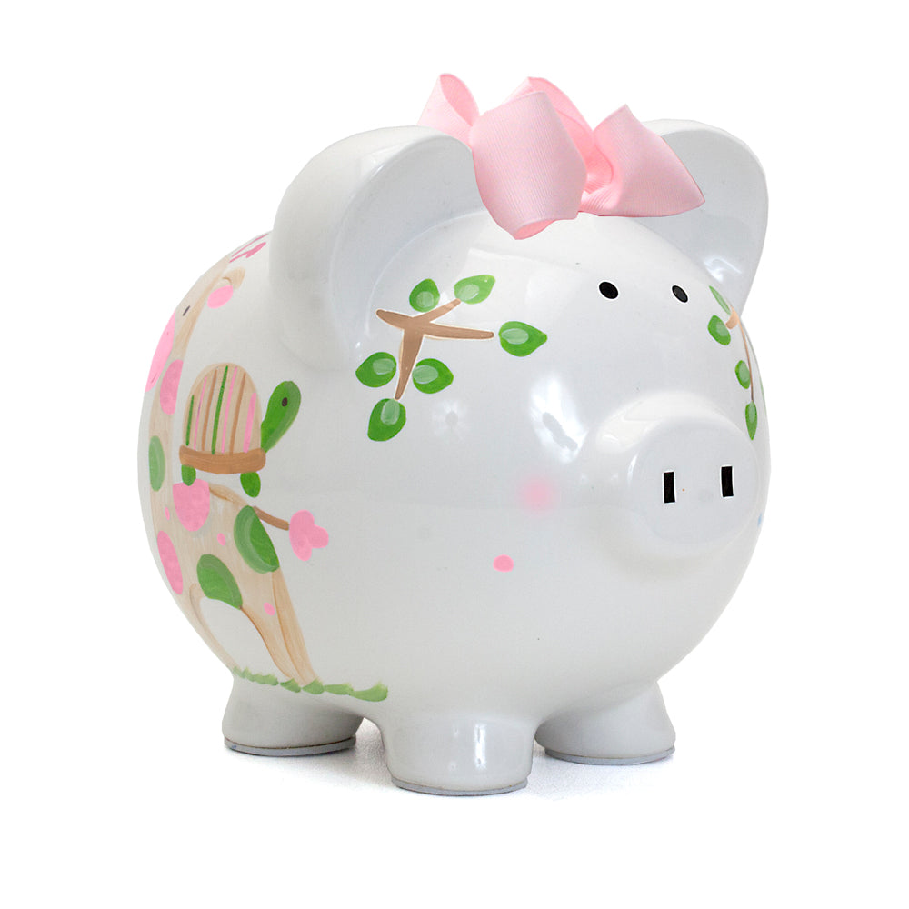 Pink Tropical Punch Piggy bank side view with pink bow and colorful animal handpainted details