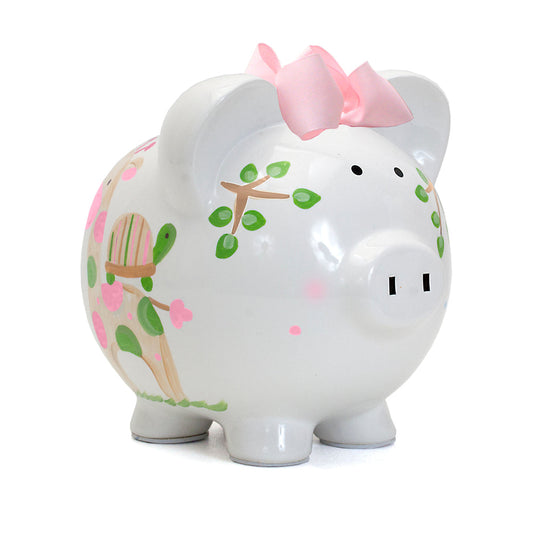 Pink Tropical Punch Piggy bank side view with pink bow and colorful animal handpainted details