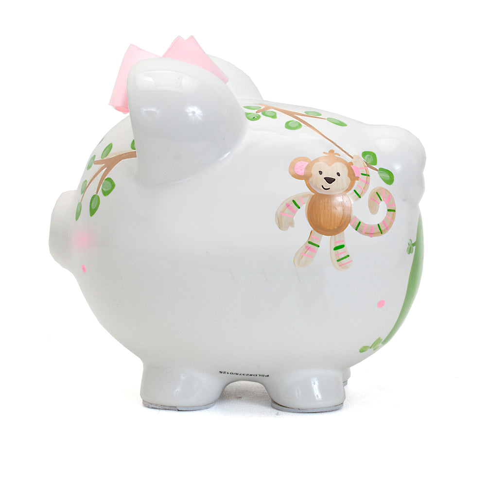 Other side view showing monkey illustration on Pink Tropical Punch Piggy bank