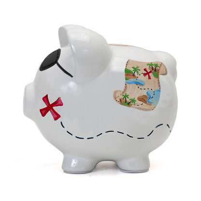 Other side angle of piggy bank showing handpainted treasure map and rope detail