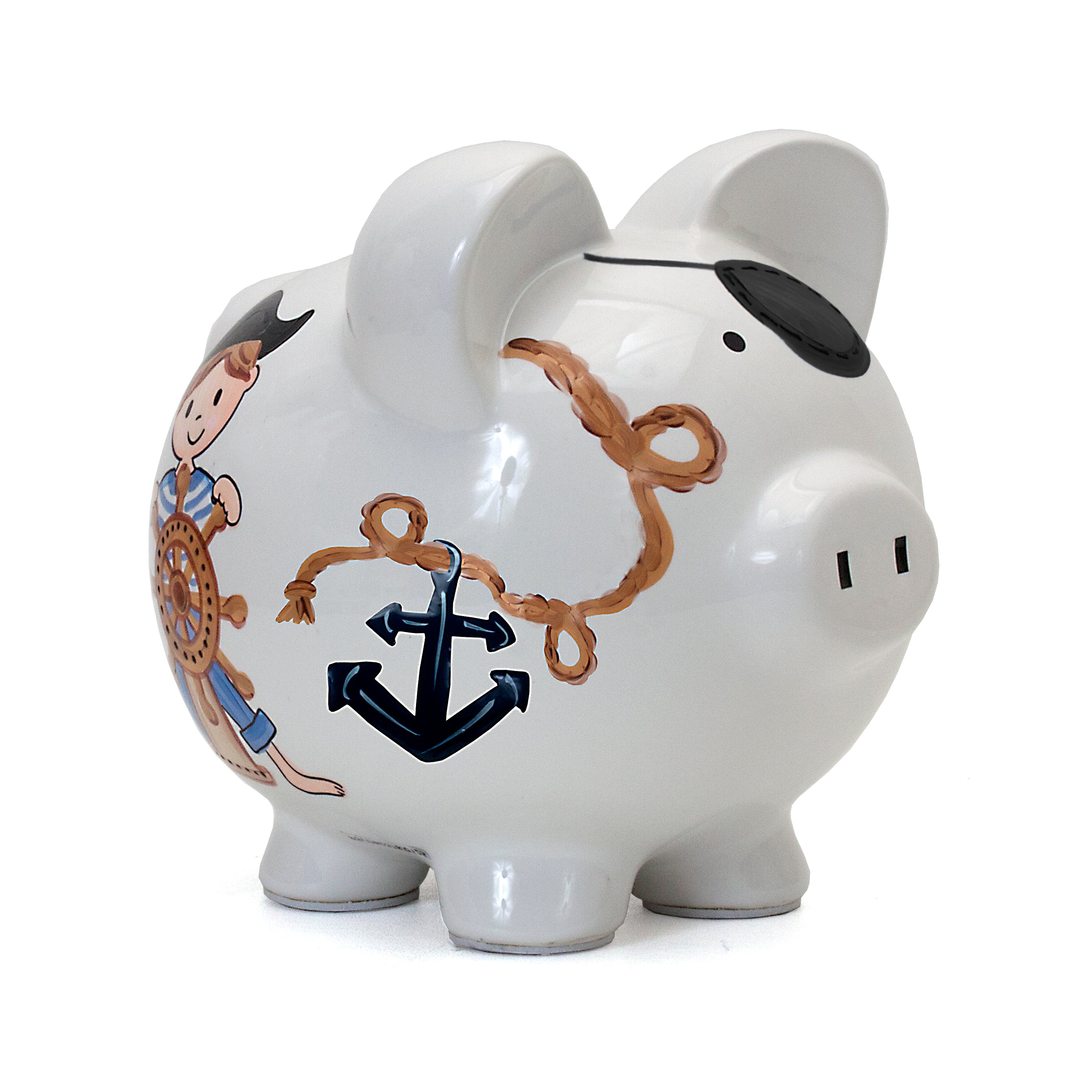 Side view of white ceramic piggy bank with pirate boy steering wheel anchor and rope design