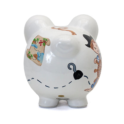 Back view of handpainted pirate piggy bank showing treasure map and hook illustration