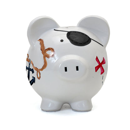Front view of pirate piggy bank with eye patch and red X mark