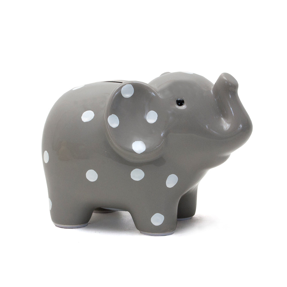 Medium gray ceramic elephant piggy bank with white polka dots, front right view