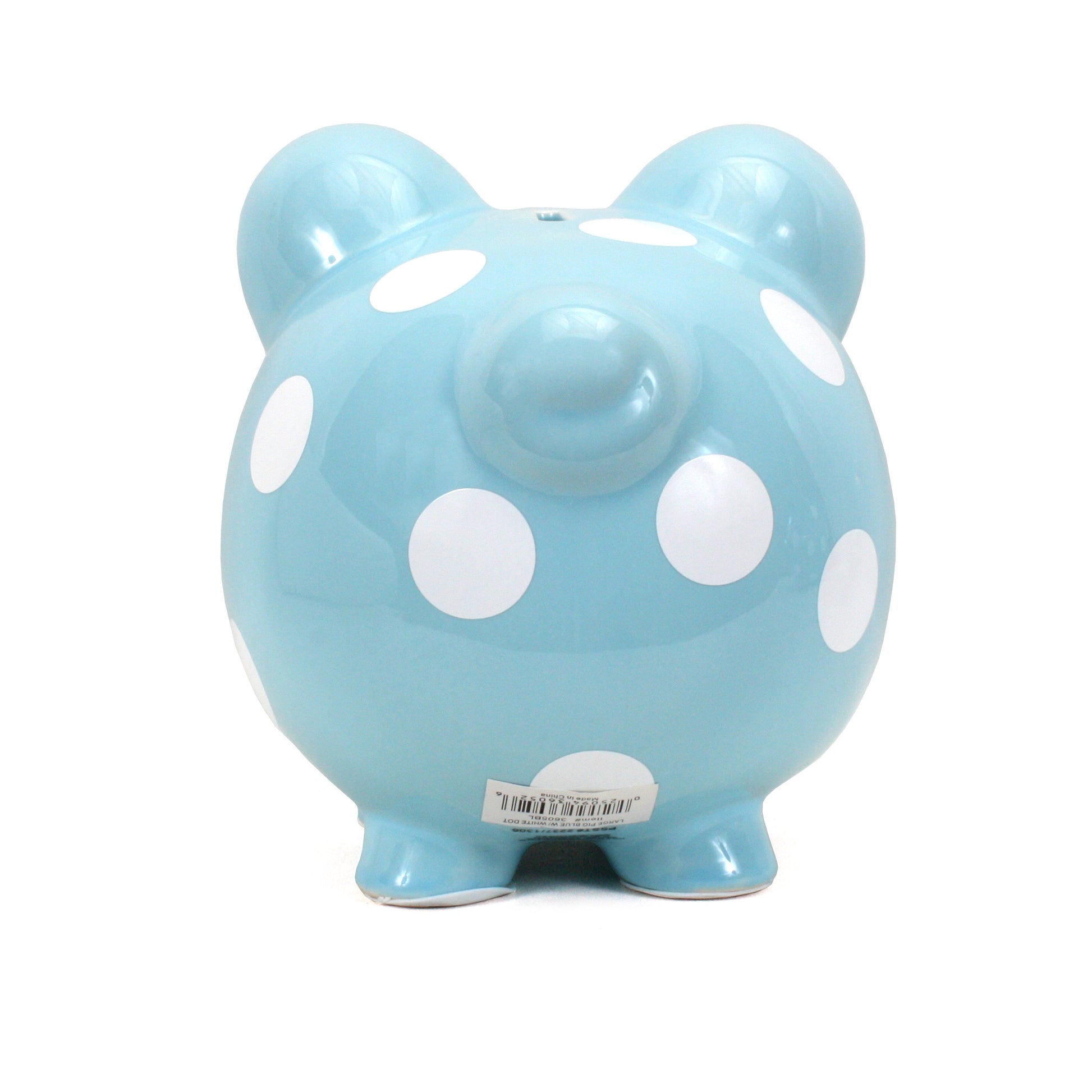 Back side view of blue piggy bank with white polka dots