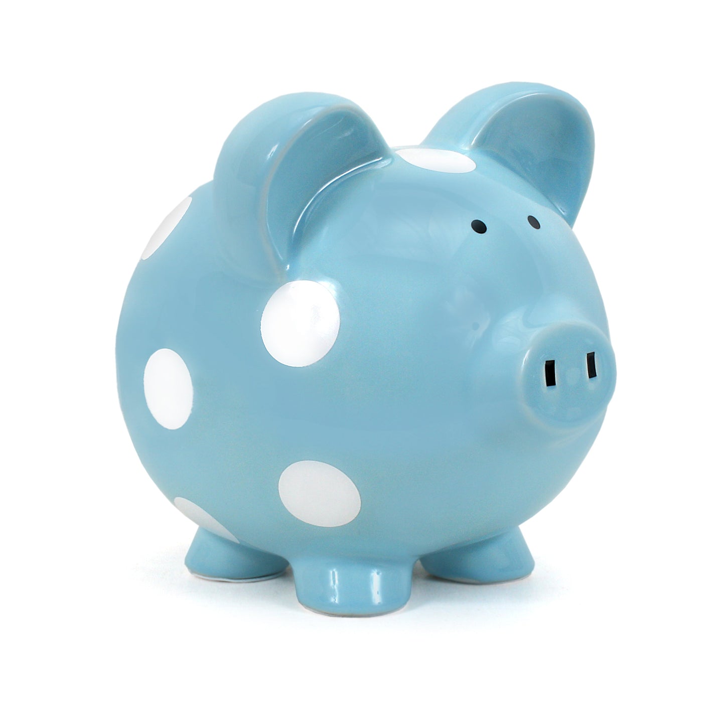 Blue polka dot piggy bank front side view