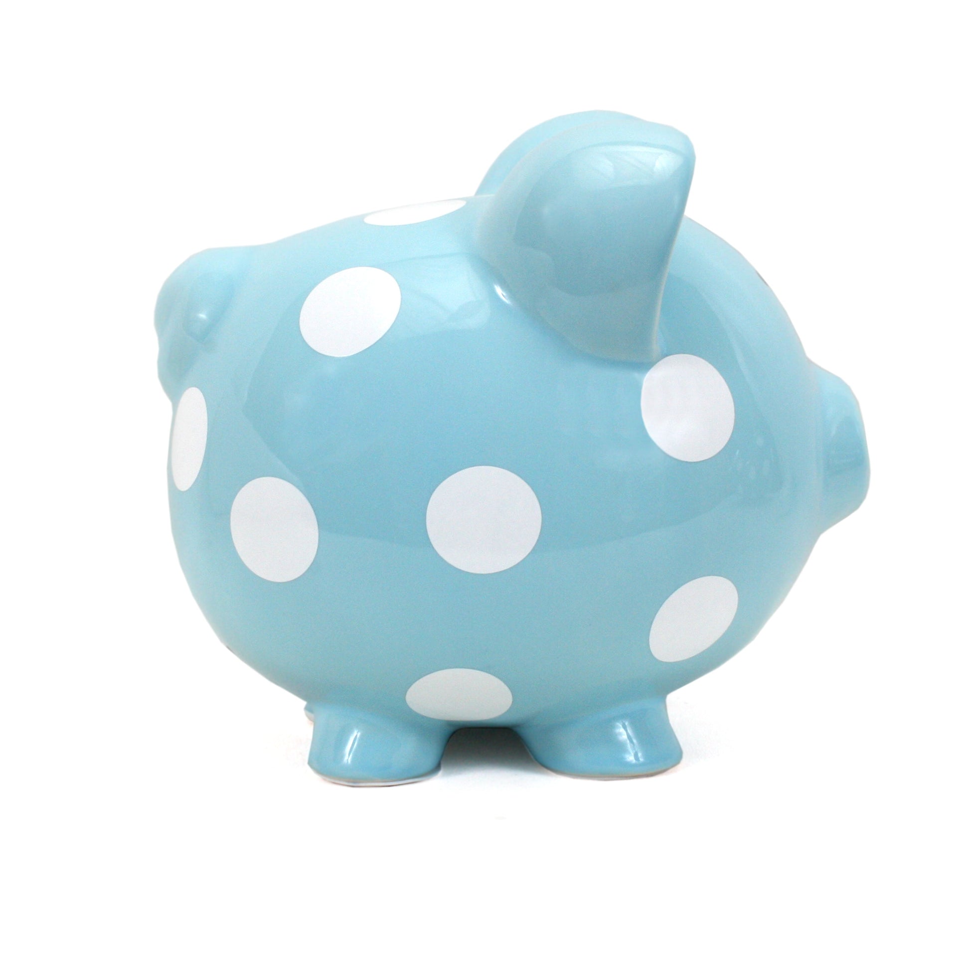 Side view showing blue piggy bank’s polka dot pattern and ears
