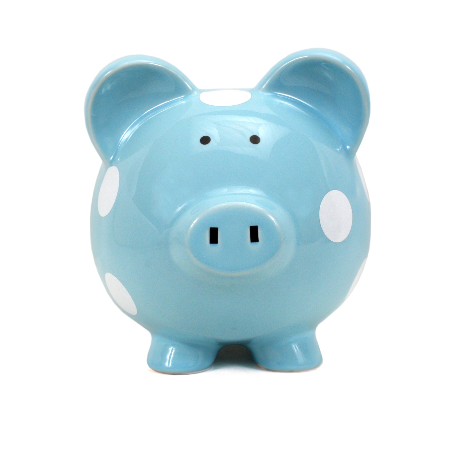 Front view of shiny blue piggy bank with white dots