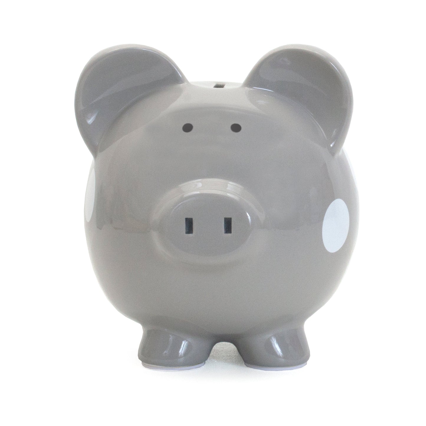Gray polka dot piggy bank coin slot visible on top with ears and feet