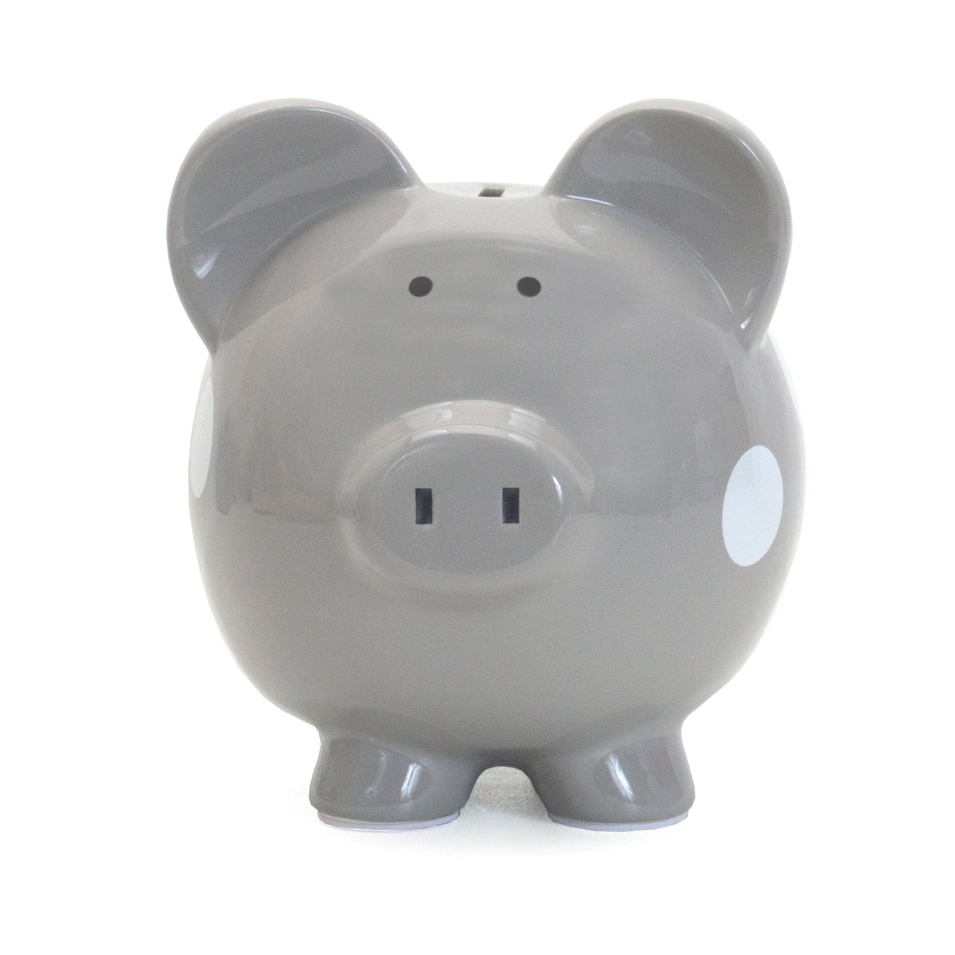 Gray polka dot piggy bank coin slot visible on top with ears and feet