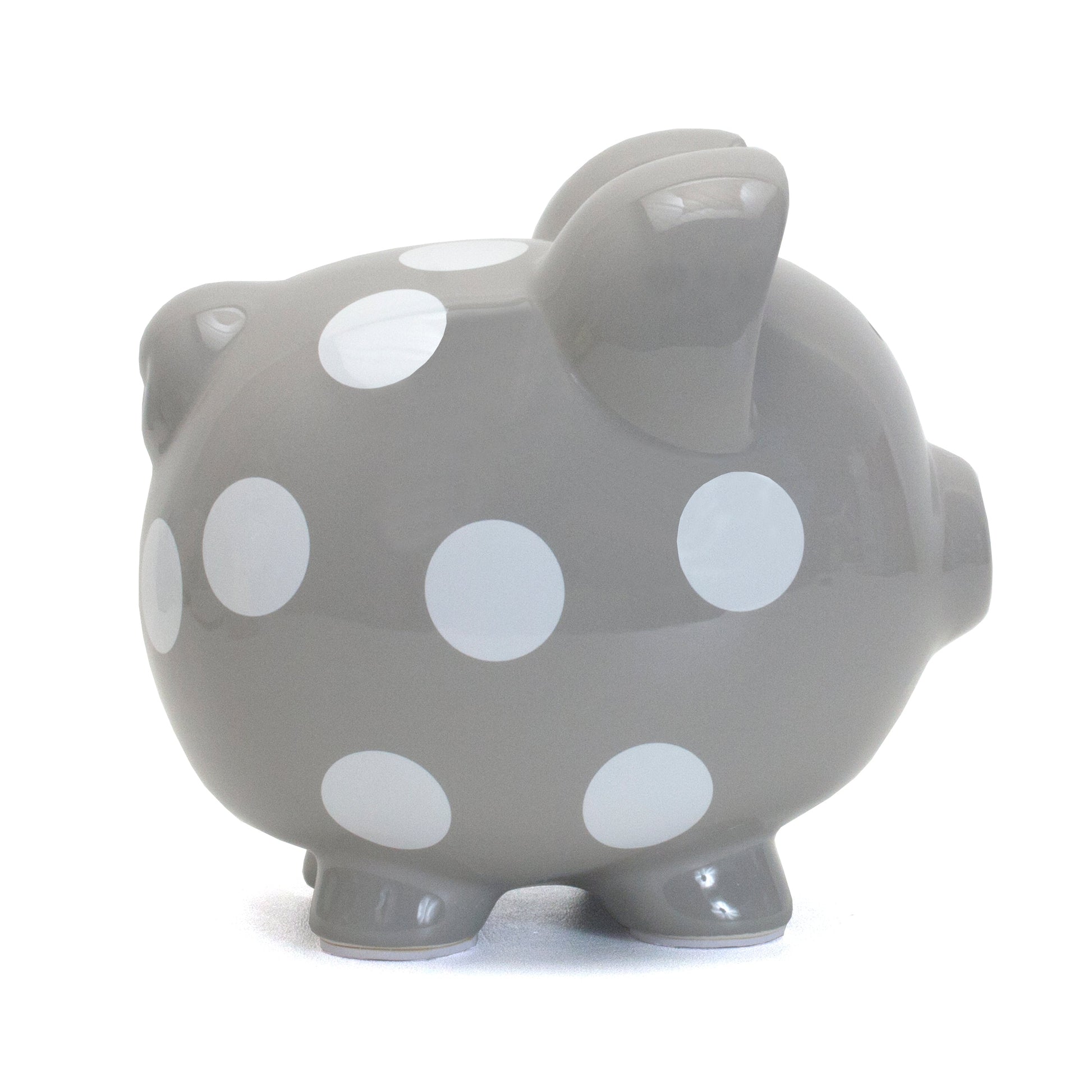 Handpainted gray piggy bank with white polka dots side view