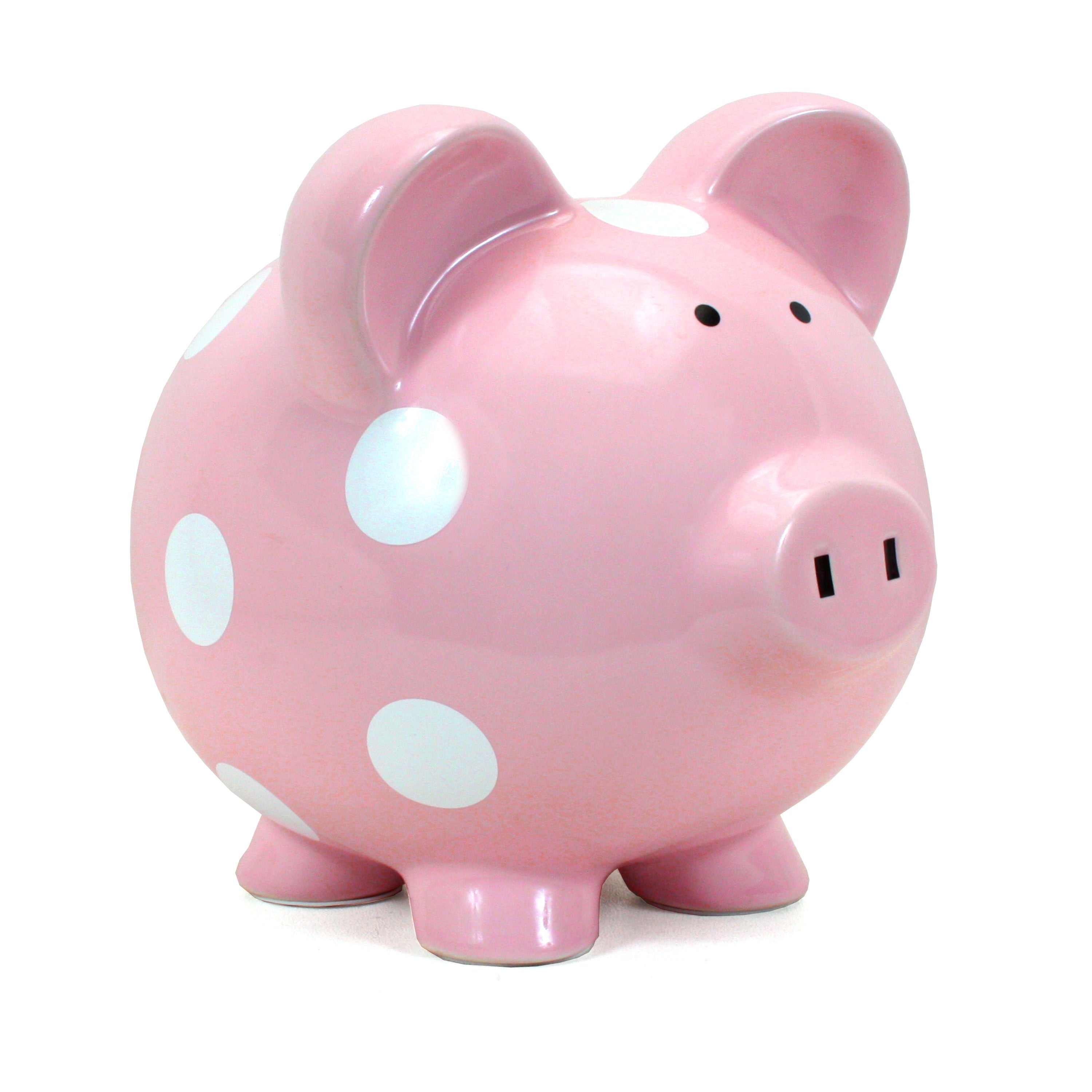 Pink piggy bank with white polka dots, angled front view showing ears and snout