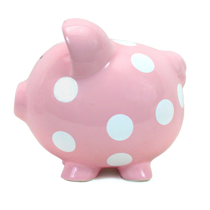 Opposite side view of pink polka dot piggy bank showing smooth glossy finish and ears