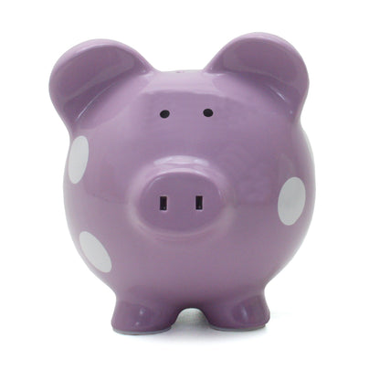 Front view of purple piggy bank with white polka dots