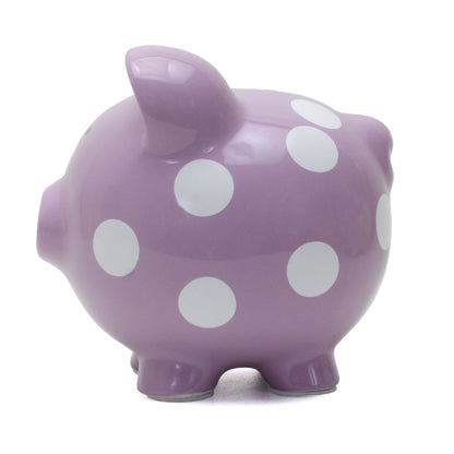 Alternate side view of purple polka dot piggy bank