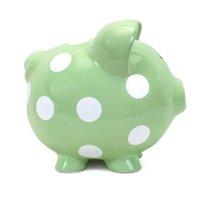 Side view highlighting pig ears and polka dots on sage pig bank