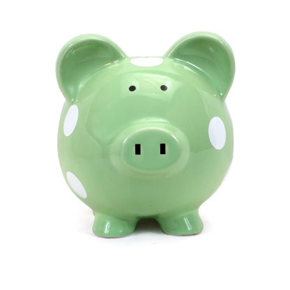 Front view of glossy sage green piggy bank with white dots