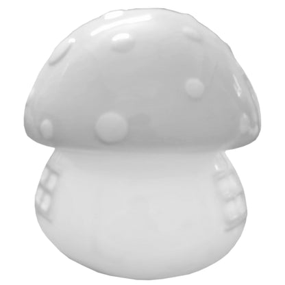 Side view of gray mushroom-shaped ceramic piggy bank showing embossed windows on the stem