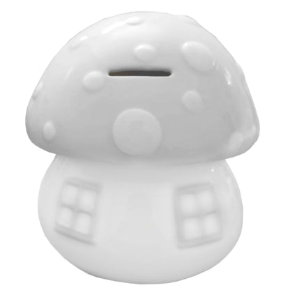 Top view of gray mushroom-shaped ceramic piggy bank showing coin slot on mushroom cap
