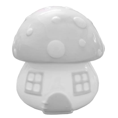Front view of gray mushroom-shaped ceramic piggy bank with embossed polka dots and detailed windows